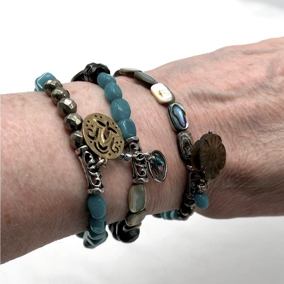 3 Teal Blue/Green Silpada Smokey Quartz Elastic Stretch Bead Bracelets - Picture 6 of 9